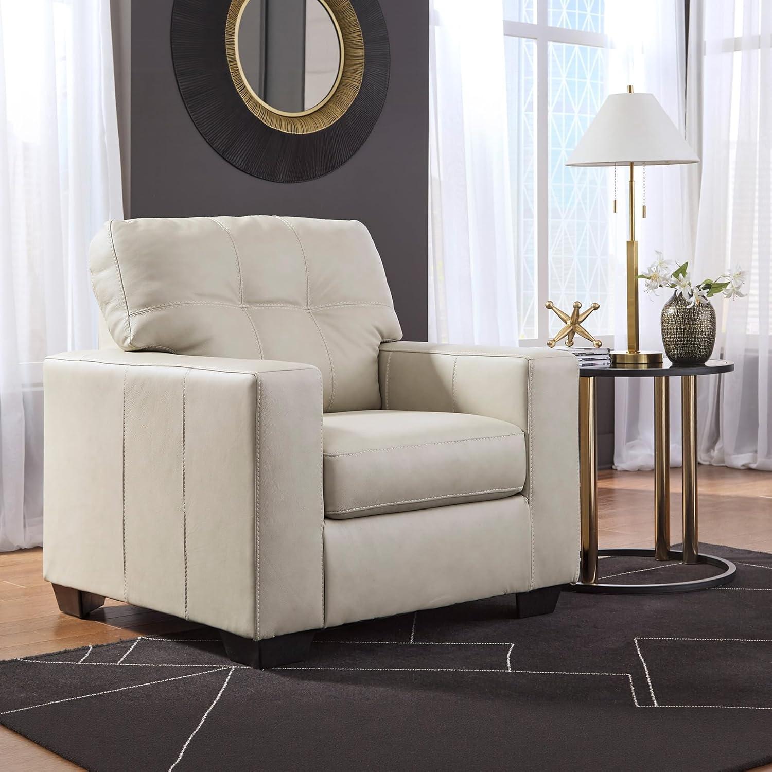 imageSignature Design by Ashley Santorine Contemporary Upholstered Leather Match Chair with Arm Rest and Cushion Beige