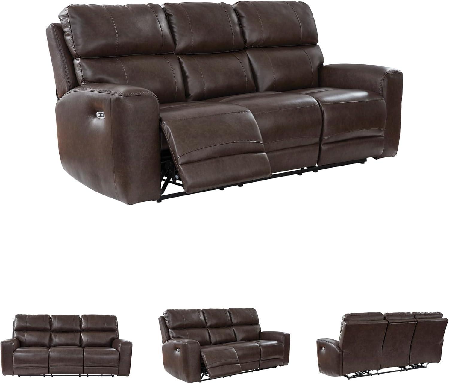 imageSignature Design by Ashley Side Step Modern Leather Match Power Reclining Sofa with Adjustable Headrest USB Ports DropDown Table and LED Lights Dark Brown