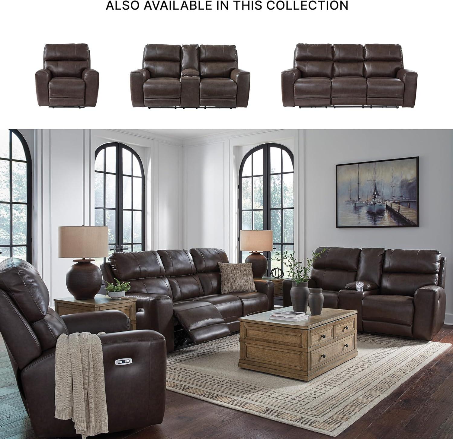 imageSignature Design by Ashley Side Step Modern Leather Match Power Reclining Sofa with Adjustable Headrest USB Ports DropDown Table and LED Lights Dark Brown