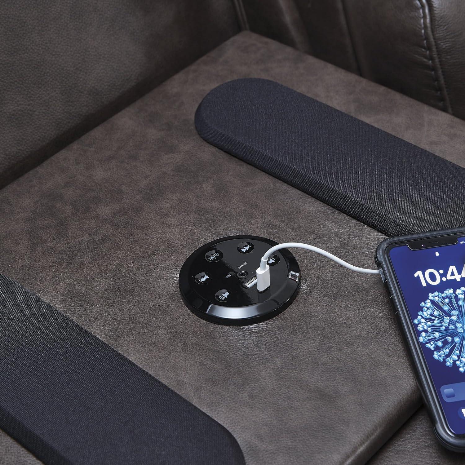 imageSignature Design by Ashley Side Step Modern Leather Match Power Reclining Sofa with Adjustable Headrest USB Ports DropDown Table and LED Lights Dark Brown