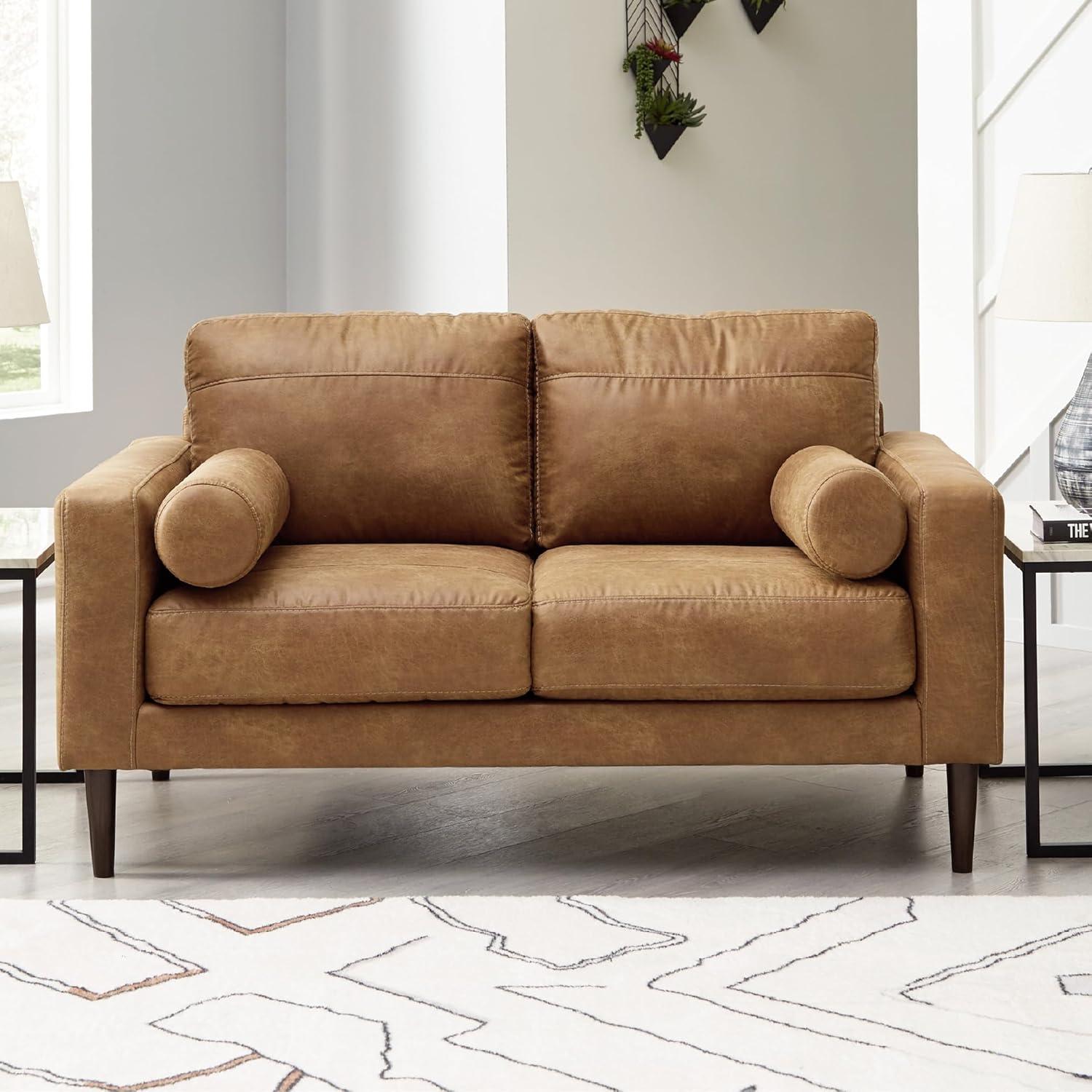 imageSignature Design by Ashley Telora Modern Faux Leather Loveseat with 2 Bolster Pillows Dark Brown