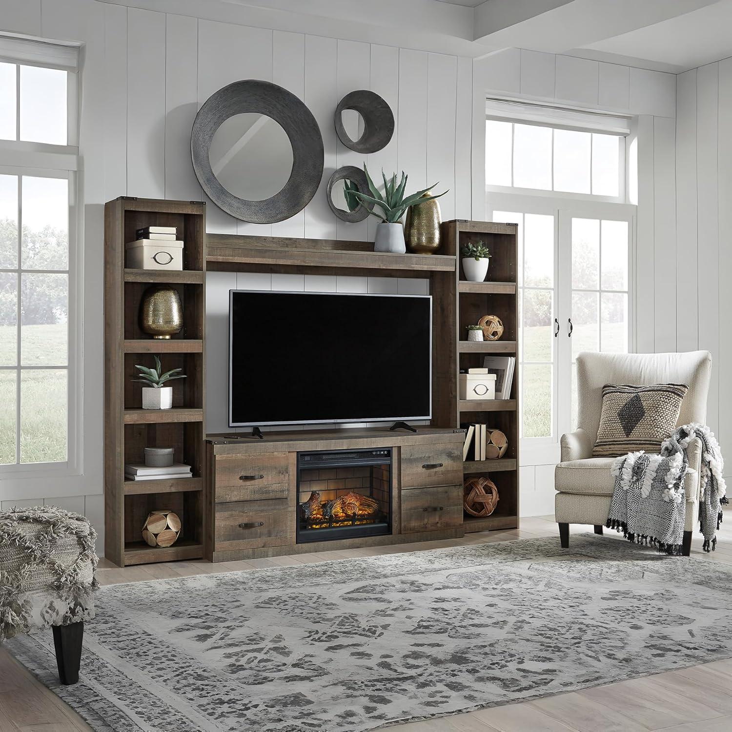 imageSignature Design by Ashley Trinell Rustic 60quot TV Stand with Electric Fireplace for TVs up to 69quot Light BrownBrown