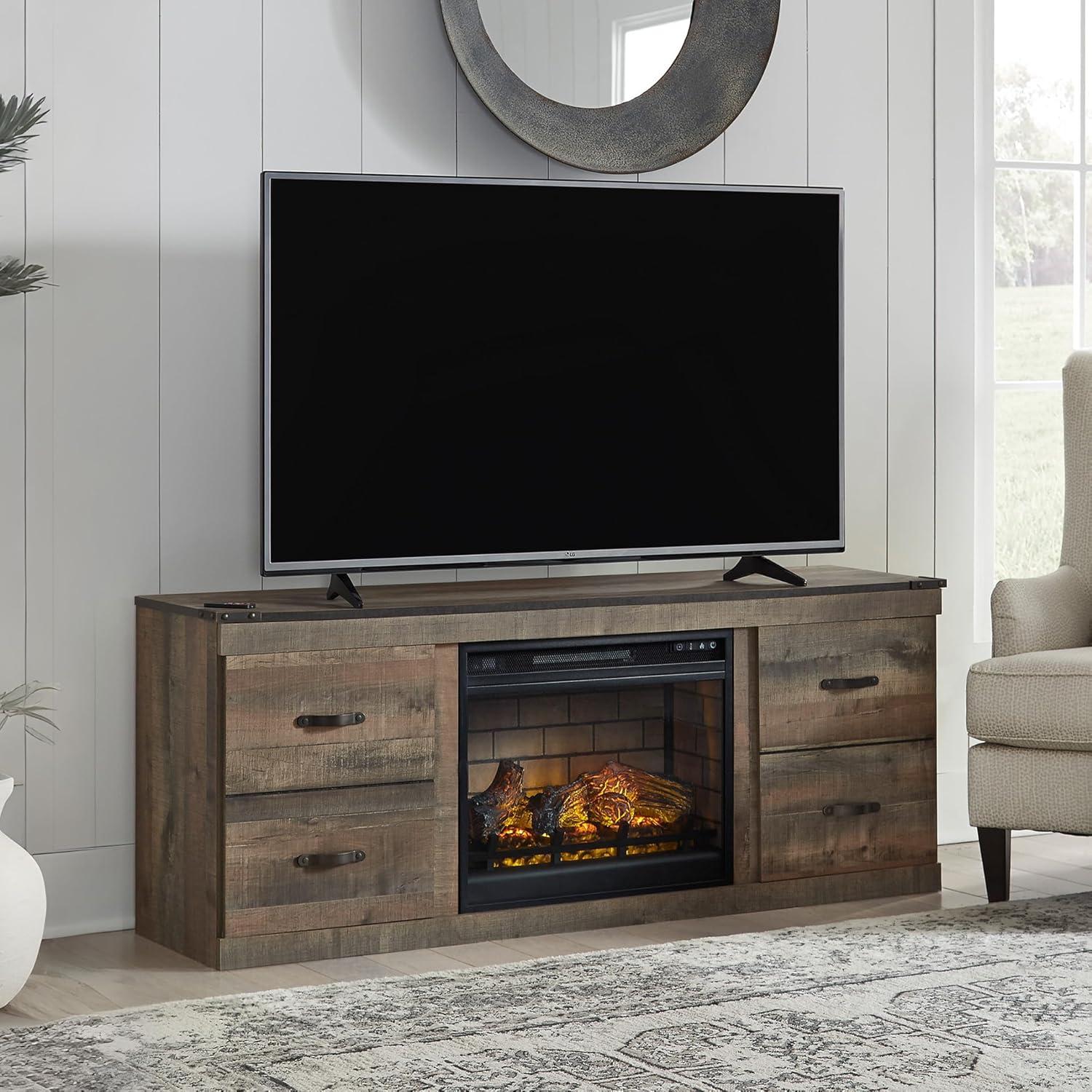 imageSignature Design by Ashley Trinell Rustic 60quot TV Stand with Electric Fireplace for TVs up to 69quot Light BrownBrown