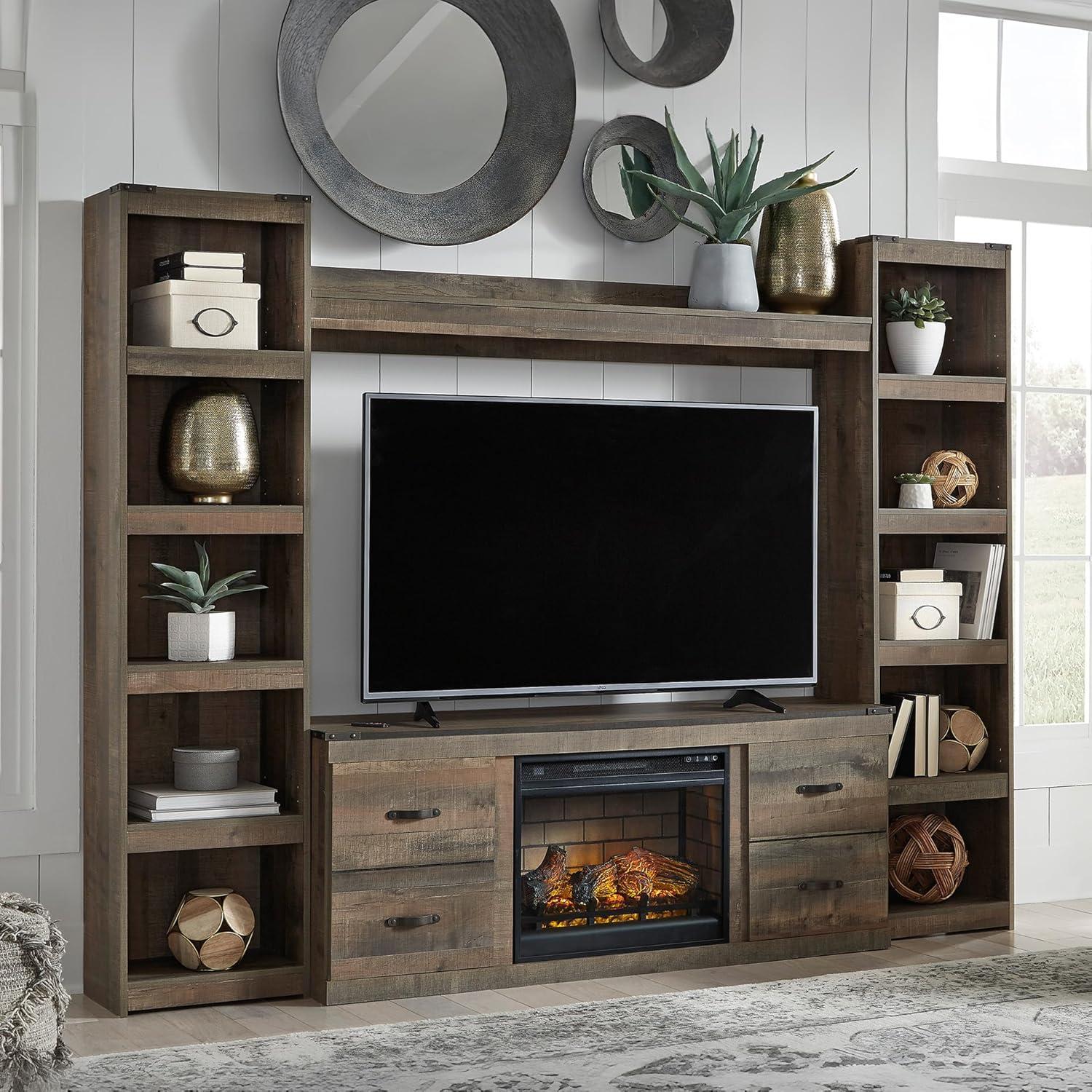 imageSignature Design by Ashley Trinell Rustic 60quot TV Stand with Electric Fireplace for TVs up to 69quot Light BrownBrown