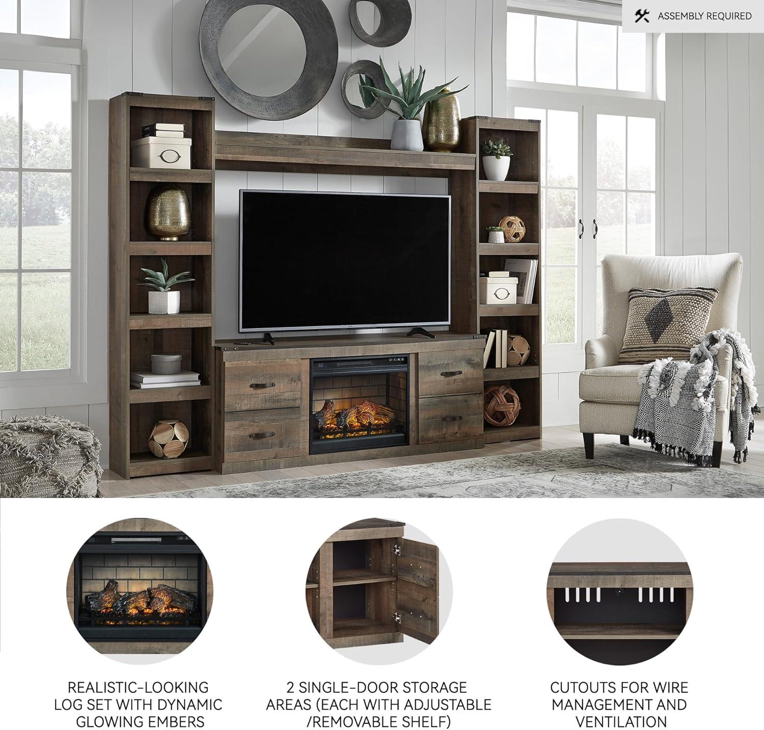 imageSignature Design by Ashley Trinell Rustic 60quot TV Stand with Electric Fireplace for TVs up to 69quot Light BrownBrown