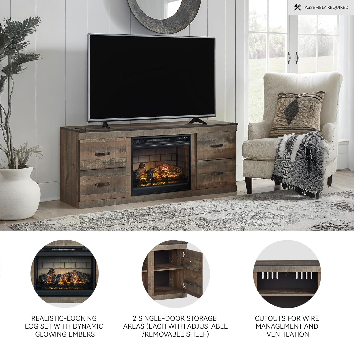 imageSignature Design by Ashley Trinell Rustic 60quot TV Stand with Electric Fireplace for TVs up to 69quot Light BrownBrown