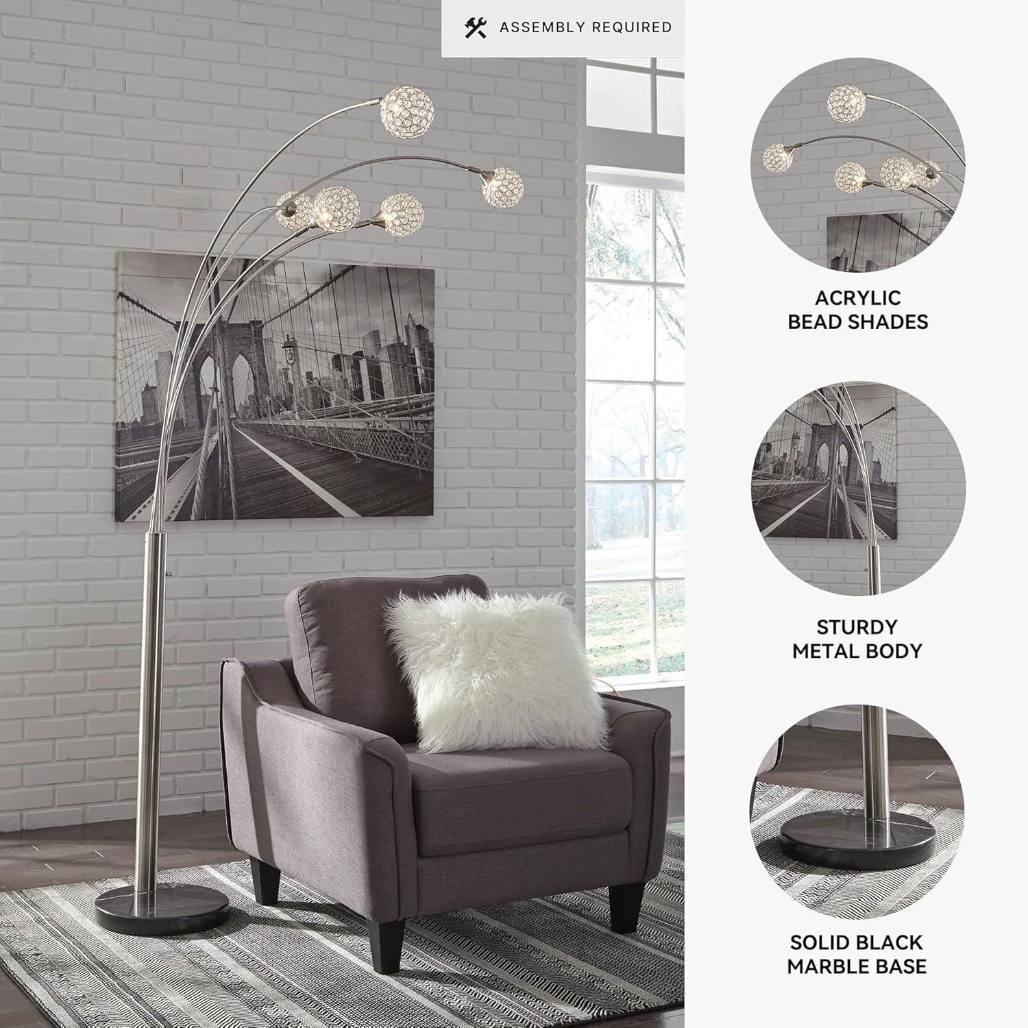 imageSignature Design by Ashley Winter Contemporary 95quot Metal and Black Marble Floor Arc Lamp with 5 Lights ampamp Dimmer Switch SilverWinter