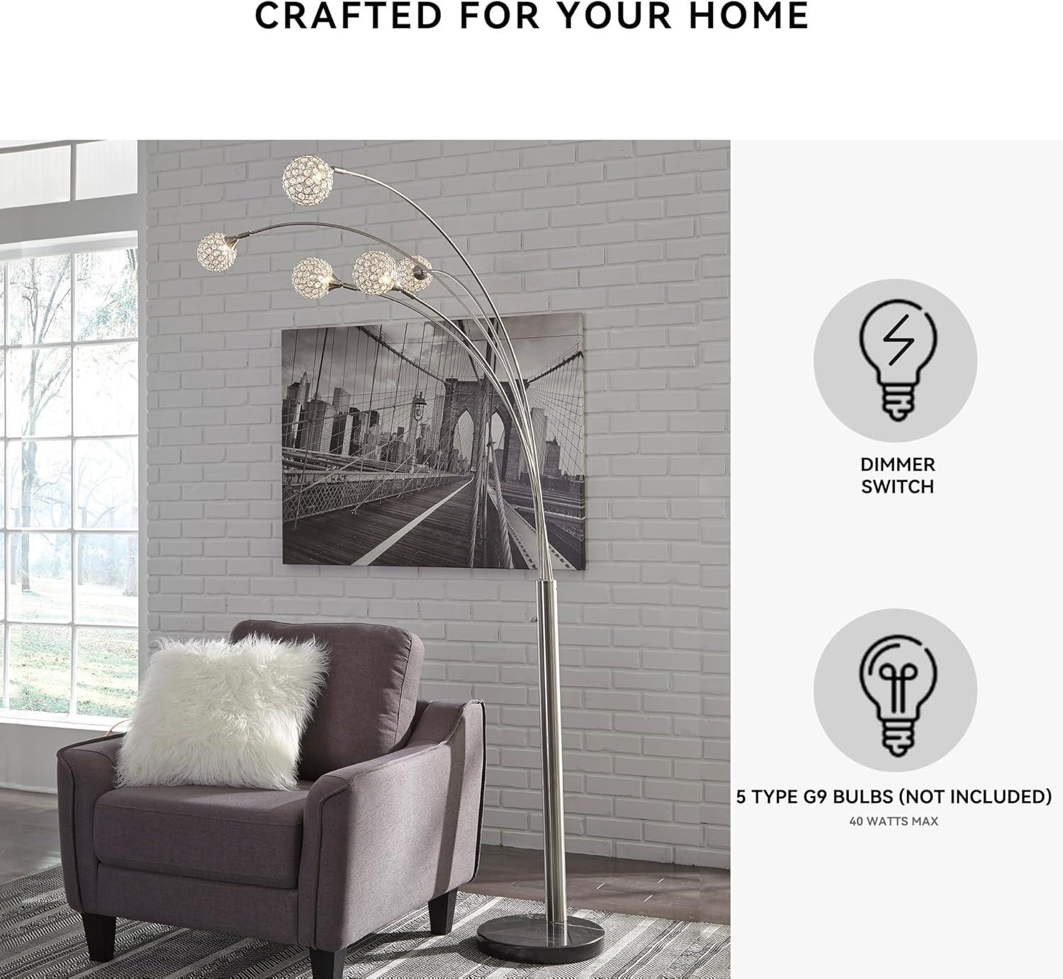 imageSignature Design by Ashley Winter Contemporary 95quot Metal and Black Marble Floor Arc Lamp with 5 Lights ampamp Dimmer Switch SilverWinter