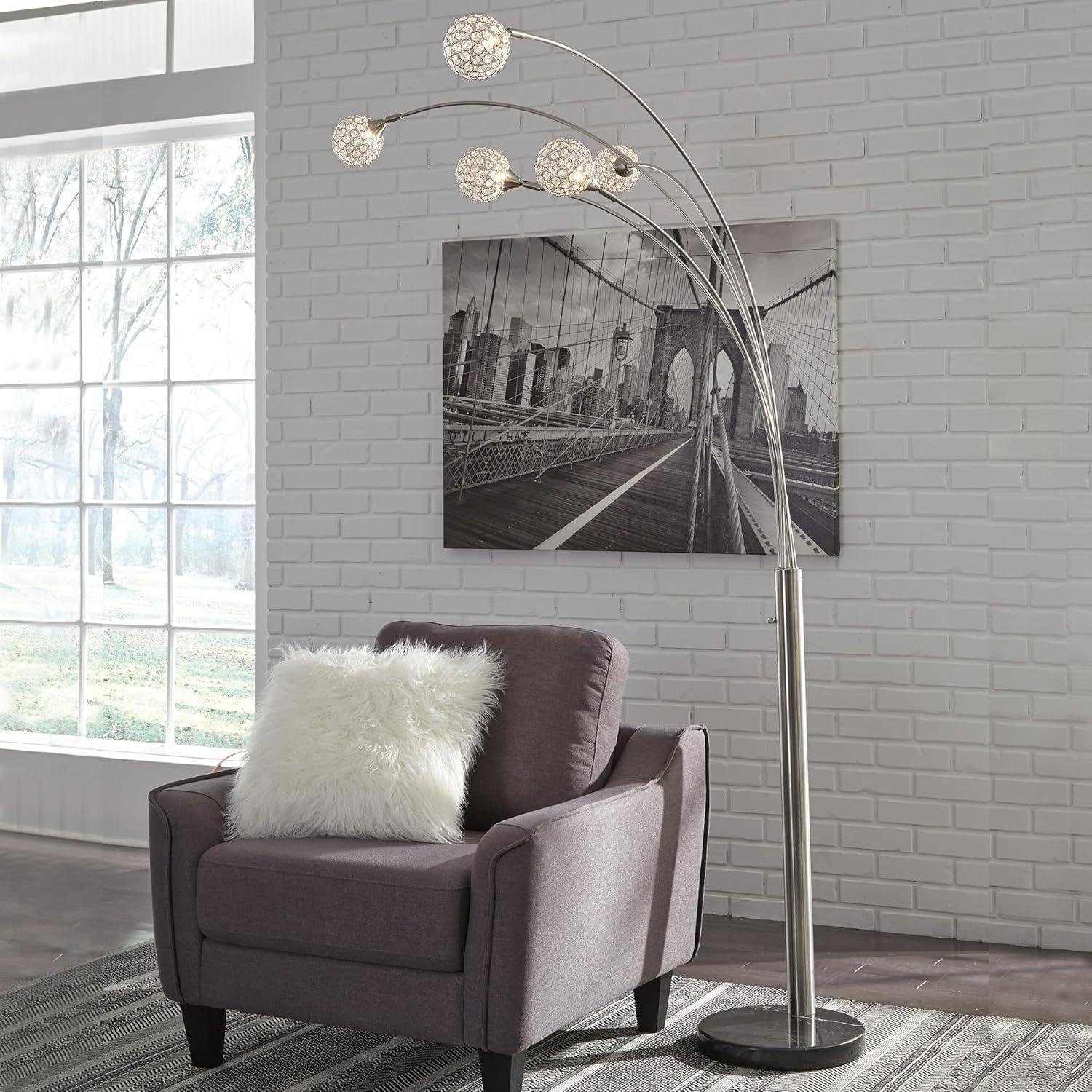 imageSignature Design by Ashley Winter Contemporary 95quot Metal and Black Marble Floor Arc Lamp with 5 Lights ampamp Dimmer Switch SilverWinter