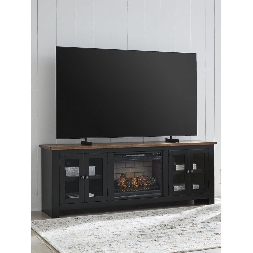 imageSignature Design by Ashley Entertainment Accessories Vintage 64quot TV Stand with Electric Fireplace and LED Lights for TVs up to 72quot WhitewashBlack