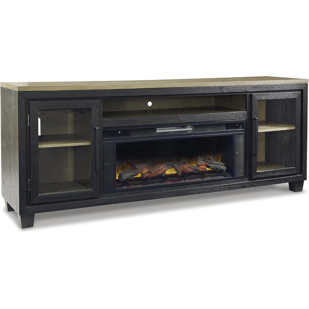 imageSignature Design by Ashley Entertainment Accessories Vintage 64quot TV Stand with Electric Fireplace and LED Lights for TVs up to 72quot WhitewashBlackBrown