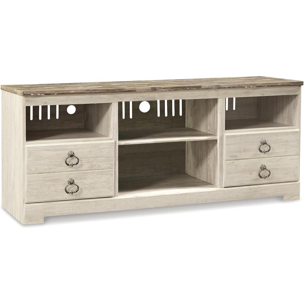 imageSignature Design by Ashley Entertainment Accessories Vintage 64quot TV Stand with Electric Fireplace and LED Lights for TVs up to 72quot WhitewashWhitewash