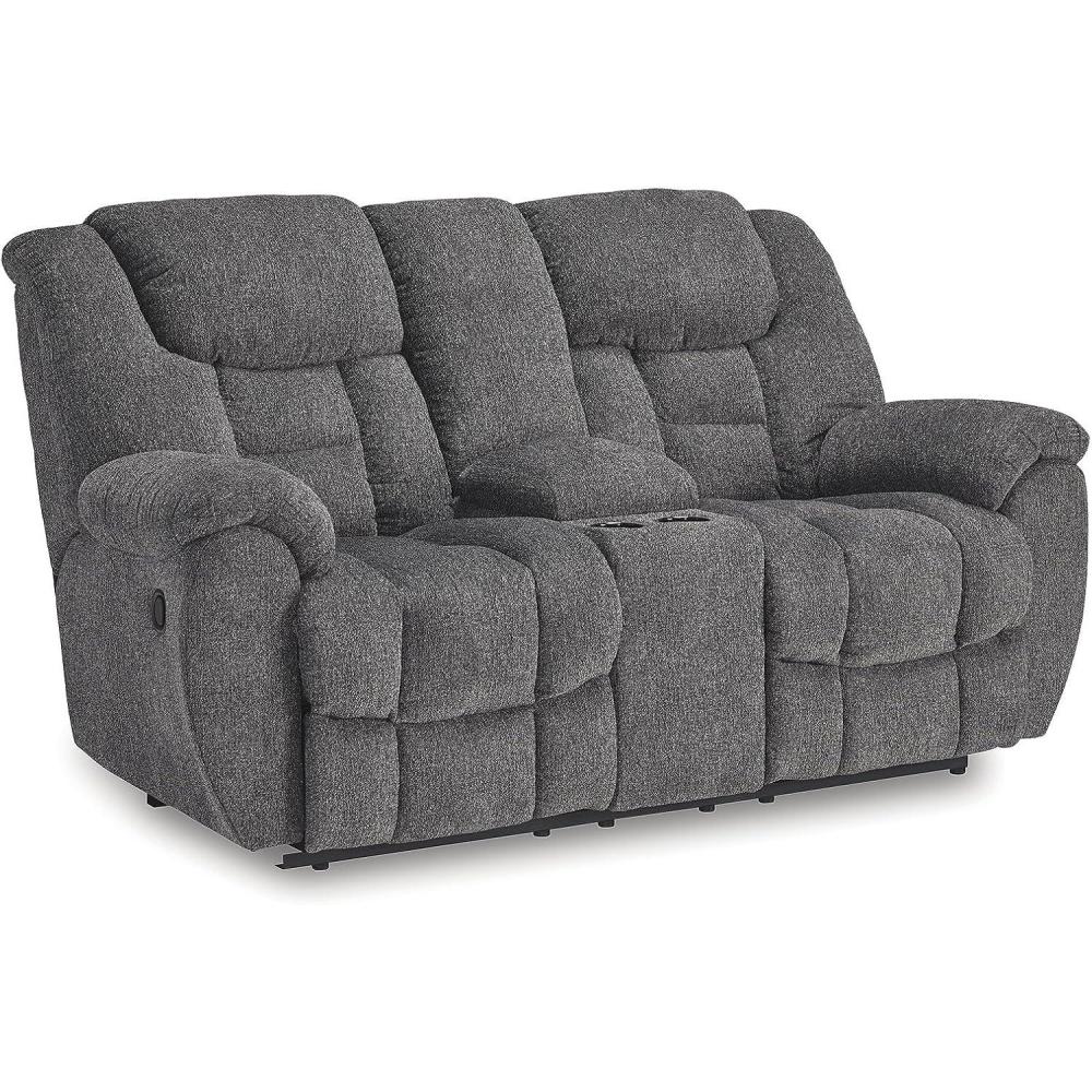 imageSignature Design by Ashley Foreside Contemporary Stain Resistant Manual Double Reclining Loveseat with Console Storage and Cup Holders GrayReclining Loveseat with Console