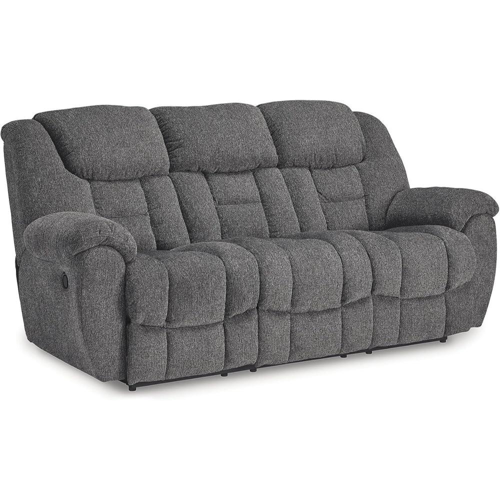 imageSignature Design by Ashley Foreside Contemporary Stain Resistant Manual Double Reclining Loveseat with Console Storage and Cup Holders GrayReclining Sofa