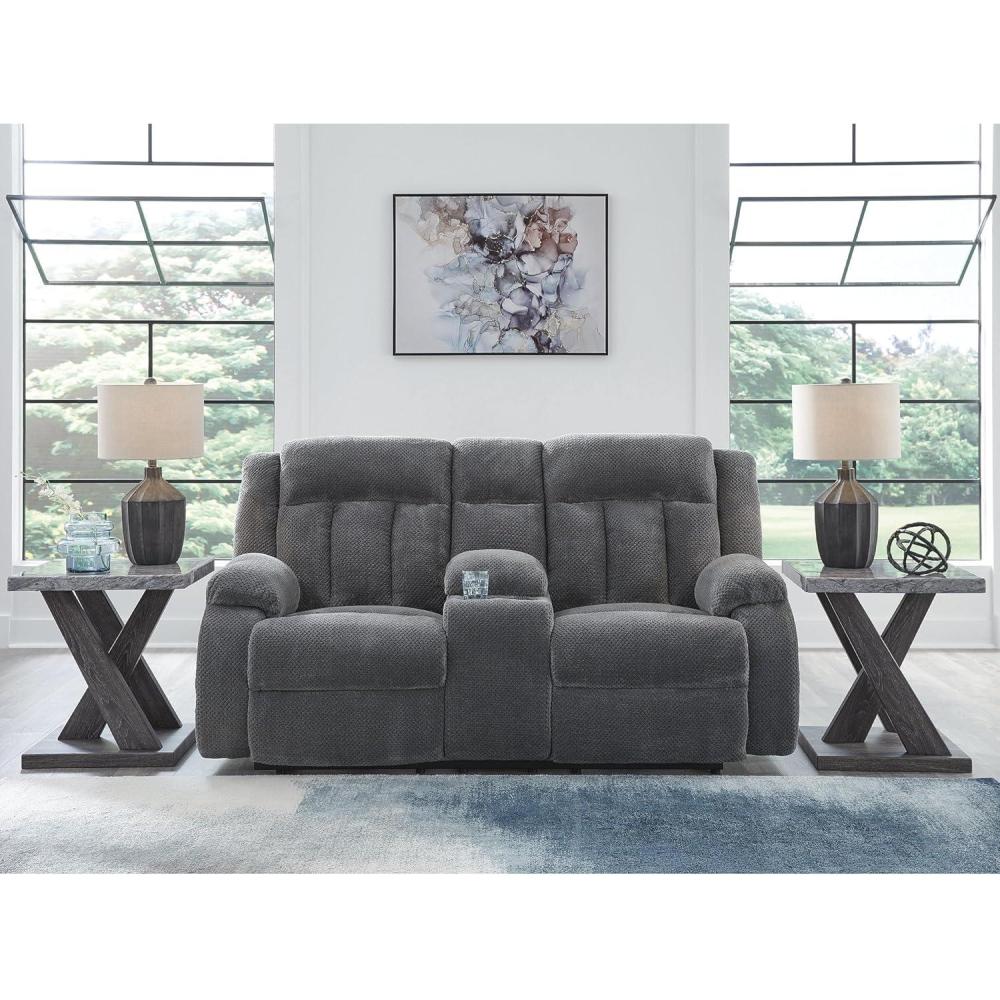 imageSignature Design by Ashley Free Wake Modern Power Reclining Loveseat with Console USB Charging Port Storage and 2 Cup Holders Gray