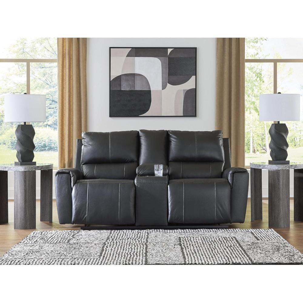 imageSignature Design by Ashley Glassmere Contemporary Leather Match Reclining Loveseat with Console 2 Cup Holders and Storage Black
