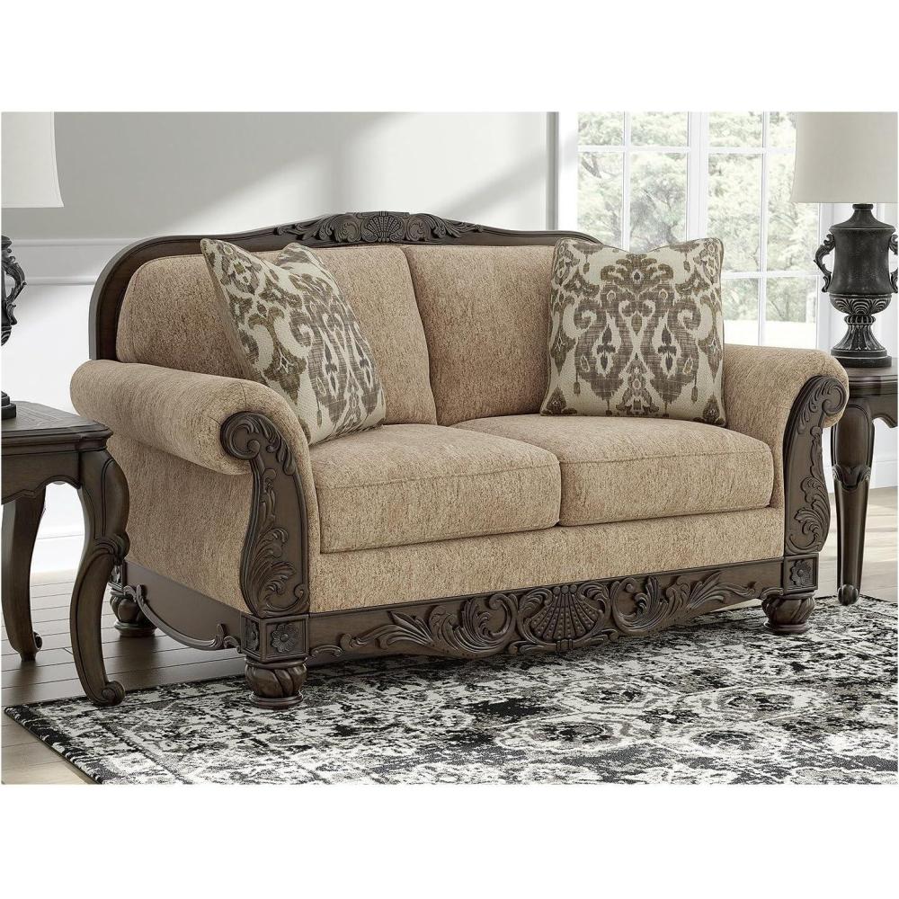 imageSignature Design by Ashley Havenworth Classic Anti Sag Loveseat with Reversible Seat Cushion and 2 Accent Pillows Beige ampamp Dark Brown