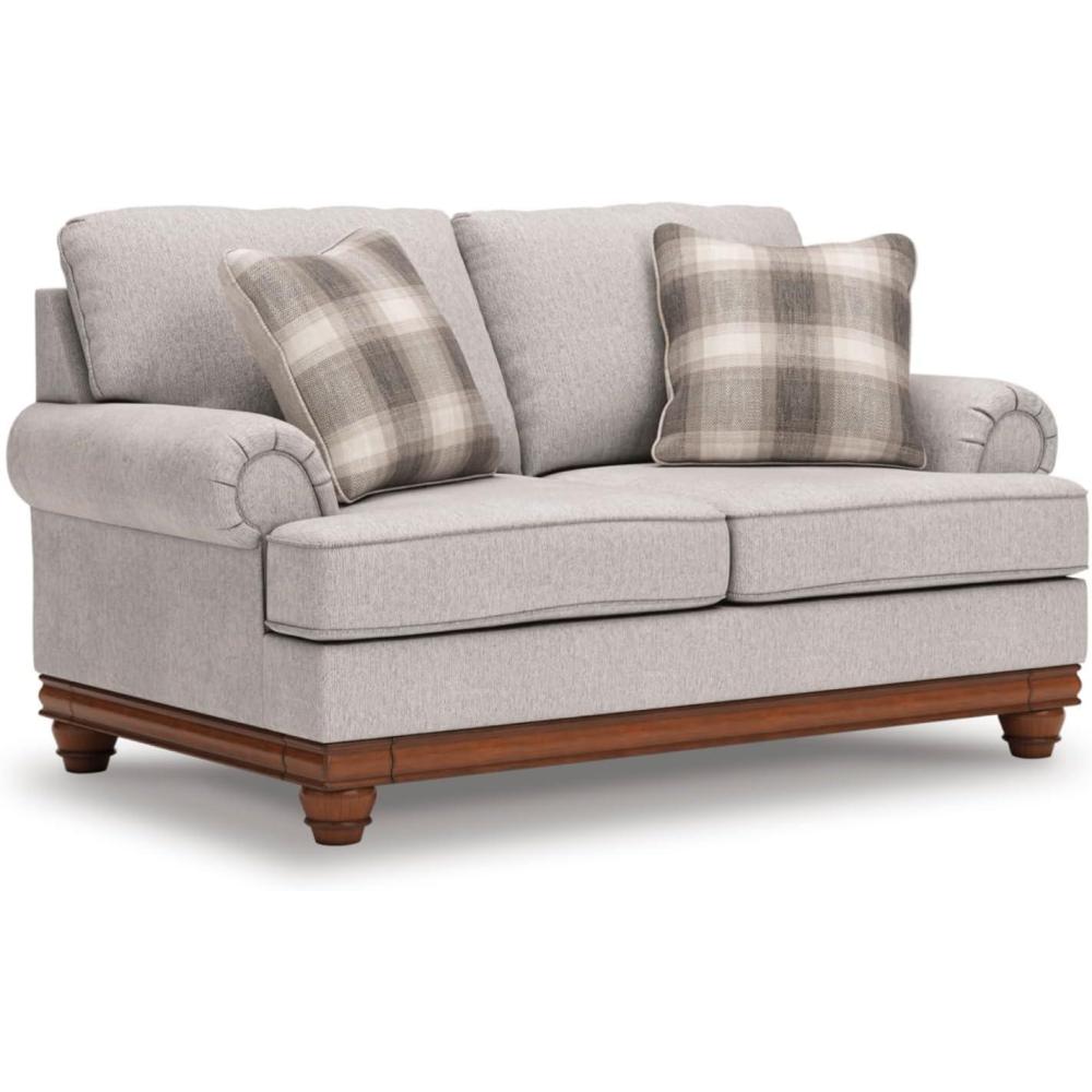 imageSignature Design by Ashley Meadowview Classic Upholstered Loveseat with Reversible Seat Cushions 2 Accent Pillows and Rolled Armrest Light Gray