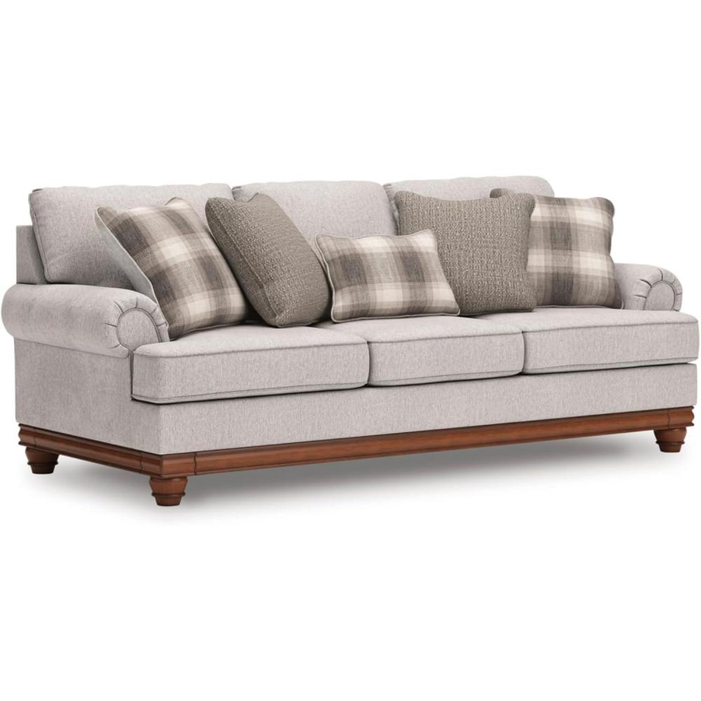 imageSignature Design by Ashley Meadowview Classic Upholstered Sofa with Reversible Seat Cushions 5 Accent Pillows and Rolled Armrest Light Gray