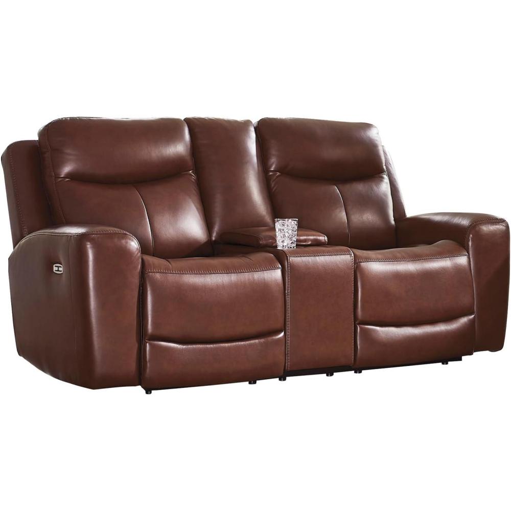 imageSignature Design by Ashley Mighty Moves Transitional Leather Match Power Reclining Loveseat with Console Adjustable Headrest USB Charging Port Storage and 2 Cup Holders Dark Brown