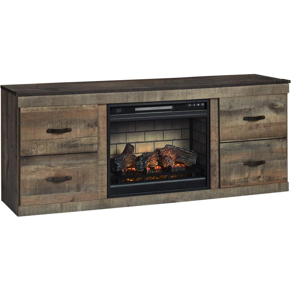 imageSignature Design by Ashley Trinell Rustic 60quot TV Stand with Electric Fireplace for TVs up to 69quot Light BrownBrown