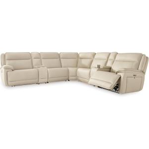 Signature Design by Ashley Double Deal Contemporary Leather Match 5-Piece Power Reclining Sectional with Armrest, USB Port and Storage, Beige(7-Piece Reclining Sectional with 2 Consoles)