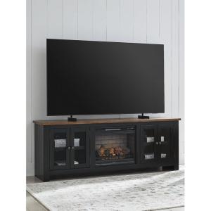 Signature Design by Ashley Entertainment Accessories Vintage 64″ TV Stand with Electric Fireplace and LED Lights for TVs up to 72″, Whitewash(Black)