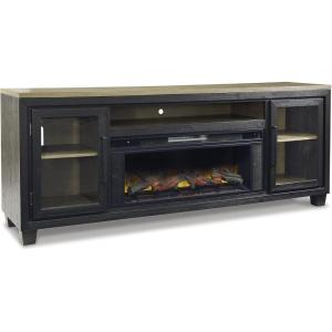 Signature Design by Ashley Entertainment Accessories Vintage 64″ TV Stand with Electric Fireplace and LED Lights for TVs up to 72″, Whitewash(Black/Brown)