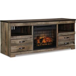 Signature Design by Ashley Entertainment Accessories Vintage 64″ TV Stand with Electric Fireplace and LED Lights for TVs up to 72″, Whitewash(Brown)