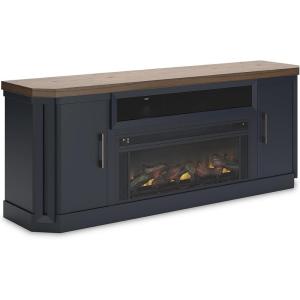 Signature Design by Ashley Entertainment Accessories Vintage 64″ TV Stand with Electric Fireplace and LED Lights for TVs up to 72″, Whitewash(Two-tone)