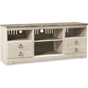 Signature Design by Ashley Entertainment Accessories Vintage 64″ TV Stand with Electric Fireplace and LED Lights for TVs up to 72″, Whitewash(Whitewash)