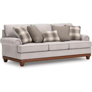 Signature Design by Ashley Meadowview Classic Upholstered Sofa with Reversible Seat Cushions, 5 Accent Pillows and Rolled Armrest, Light Gray