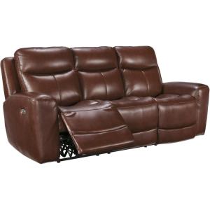 Signature Design by Ashley Mighty Moves Transitional Leather Match Power Reclining Sofa with Adjustable Headrest and USB Charging Port, Dark Brown