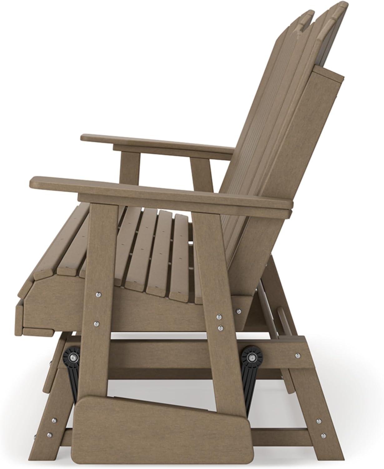 imageSignature Design by Ashley Hyland Wave Modern Weather Resistant HDPE Outdoor Glider Loveseat with Drop Down Table and 2 Cup Holders WhiteBrown