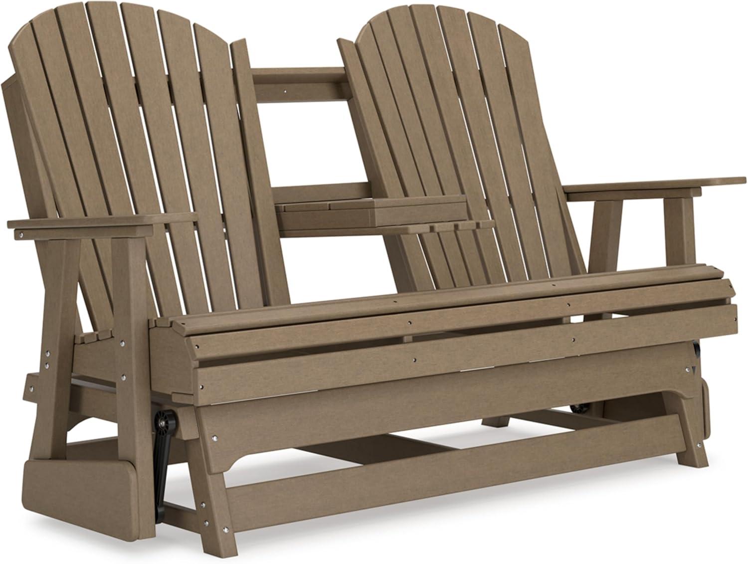 imageSignature Design by Ashley Hyland Wave Modern Weather Resistant HDPE Outdoor Glider Loveseat with Drop Down Table and 2 Cup Holders WhiteBrown