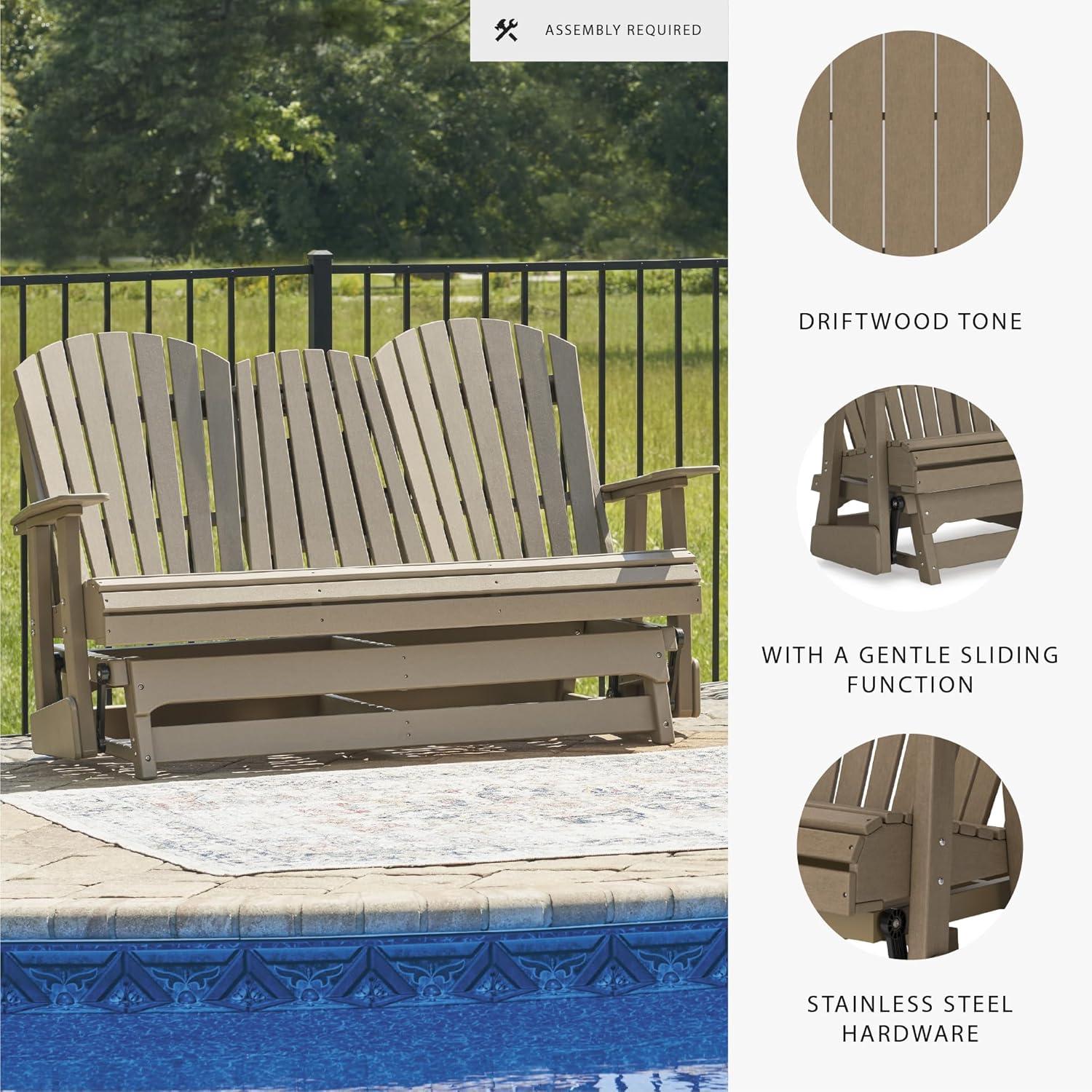 imageSignature Design by Ashley Hyland Wave Modern Weather Resistant HDPE Outdoor Glider Loveseat with Drop Down Table and 2 Cup Holders WhiteBrown