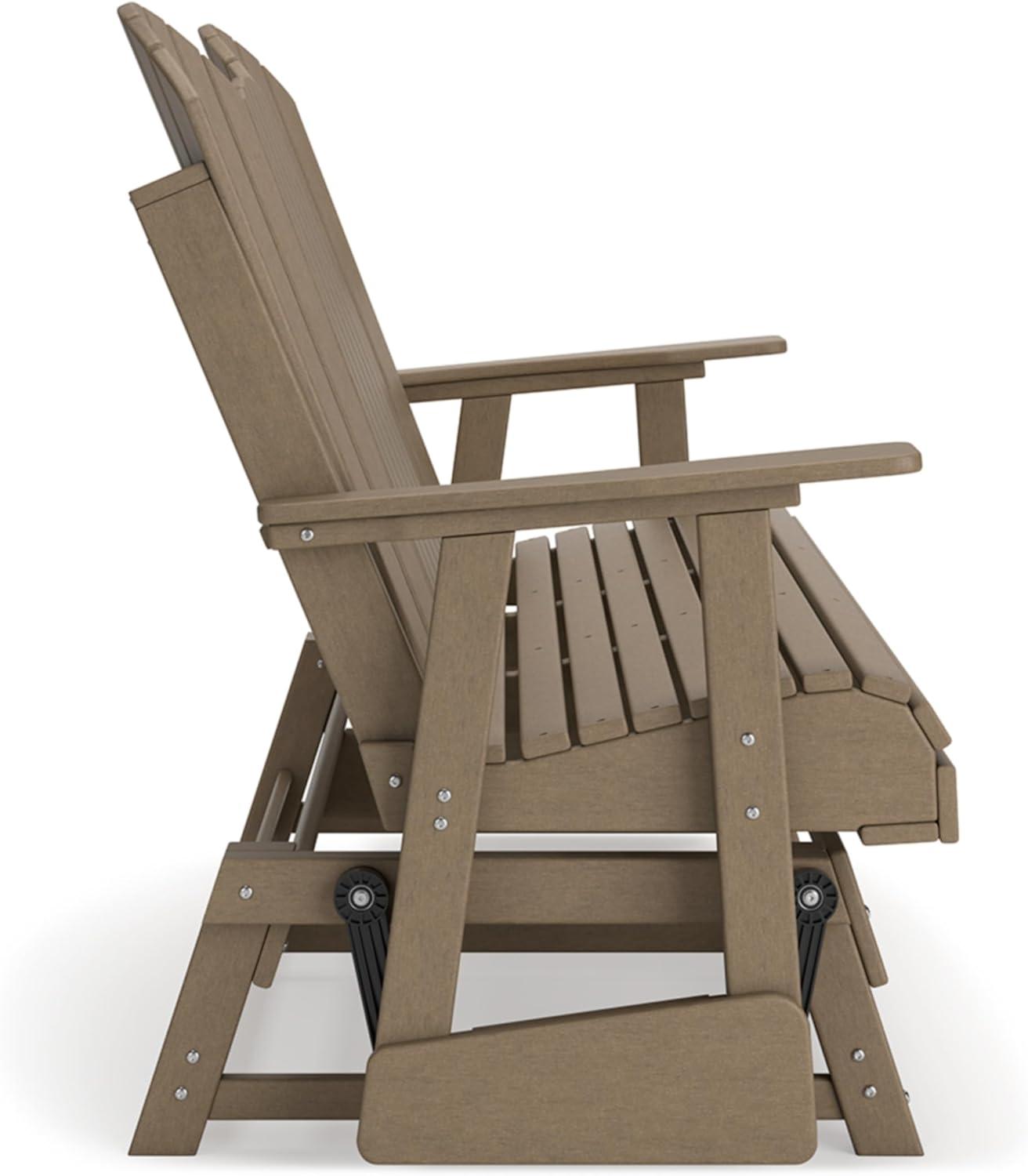 imageSignature Design by Ashley Hyland Wave Modern Weather Resistant HDPE Outdoor Glider Loveseat with Drop Down Table and 2 Cup Holders WhiteBrown