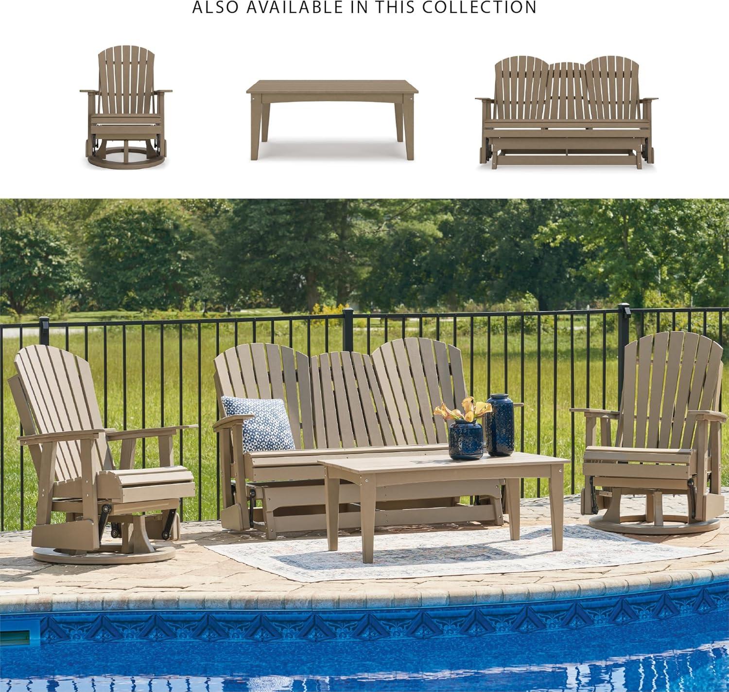 imageSignature Design by Ashley Hyland Wave Modern Weather Resistant HDPE Outdoor Glider Loveseat with Drop Down Table and 2 Cup Holders WhiteBrown