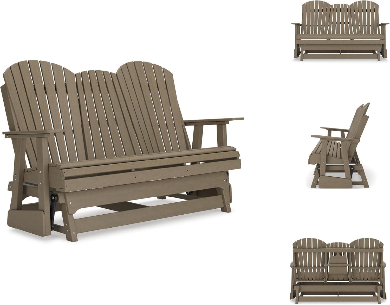 imageSignature Design by Ashley Hyland Wave Modern Weather Resistant HDPE Outdoor Glider Loveseat with Drop Down Table and 2 Cup Holders WhiteBrown