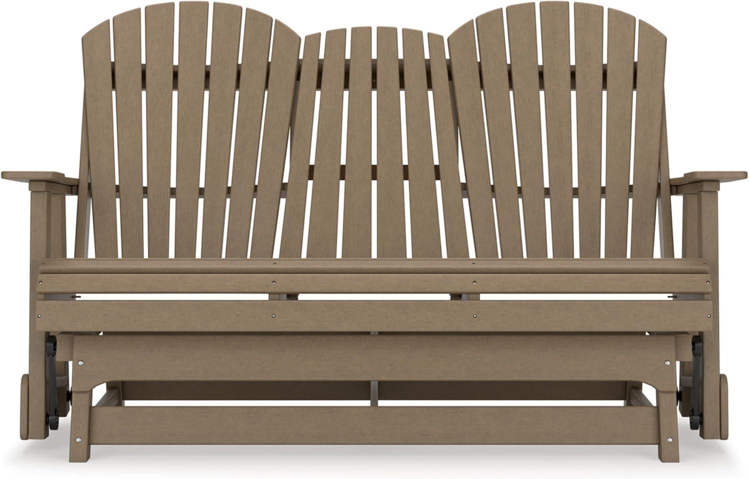 imageSignature Design by Ashley Hyland Wave Modern Weather Resistant HDPE Outdoor Glider Loveseat with Drop Down Table and 2 Cup Holders WhiteBrown
