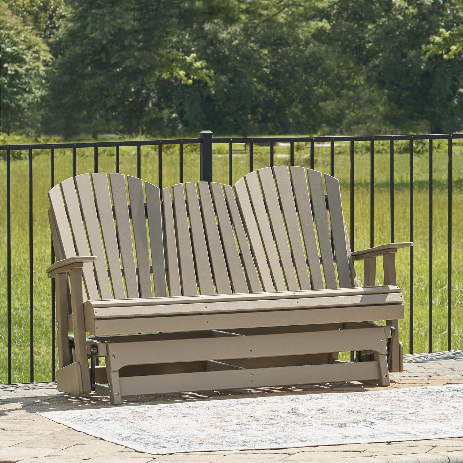 imageSignature Design by Ashley Hyland Wave Modern Weather Resistant HDPE Outdoor Glider Loveseat with Drop Down Table and 2 Cup Holders WhiteBrown