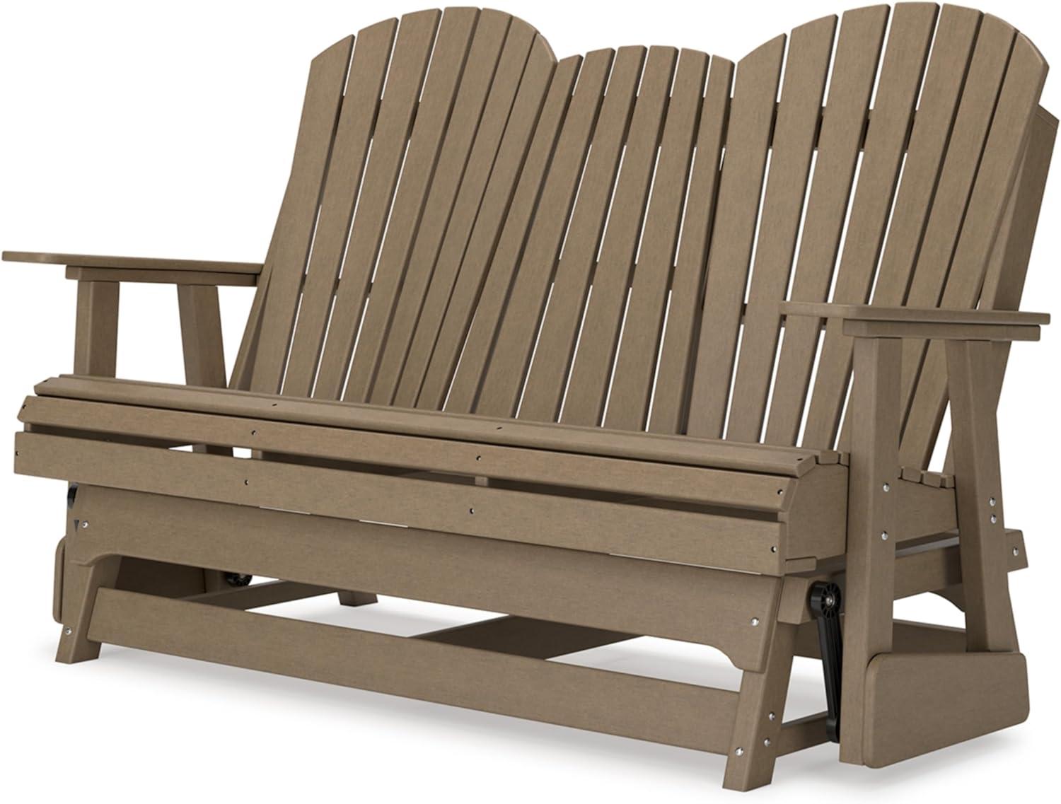 imageSignature Design by Ashley Hyland Wave Modern Weather Resistant HDPE Outdoor Glider Loveseat with Drop Down Table and 2 Cup Holders WhiteBrown