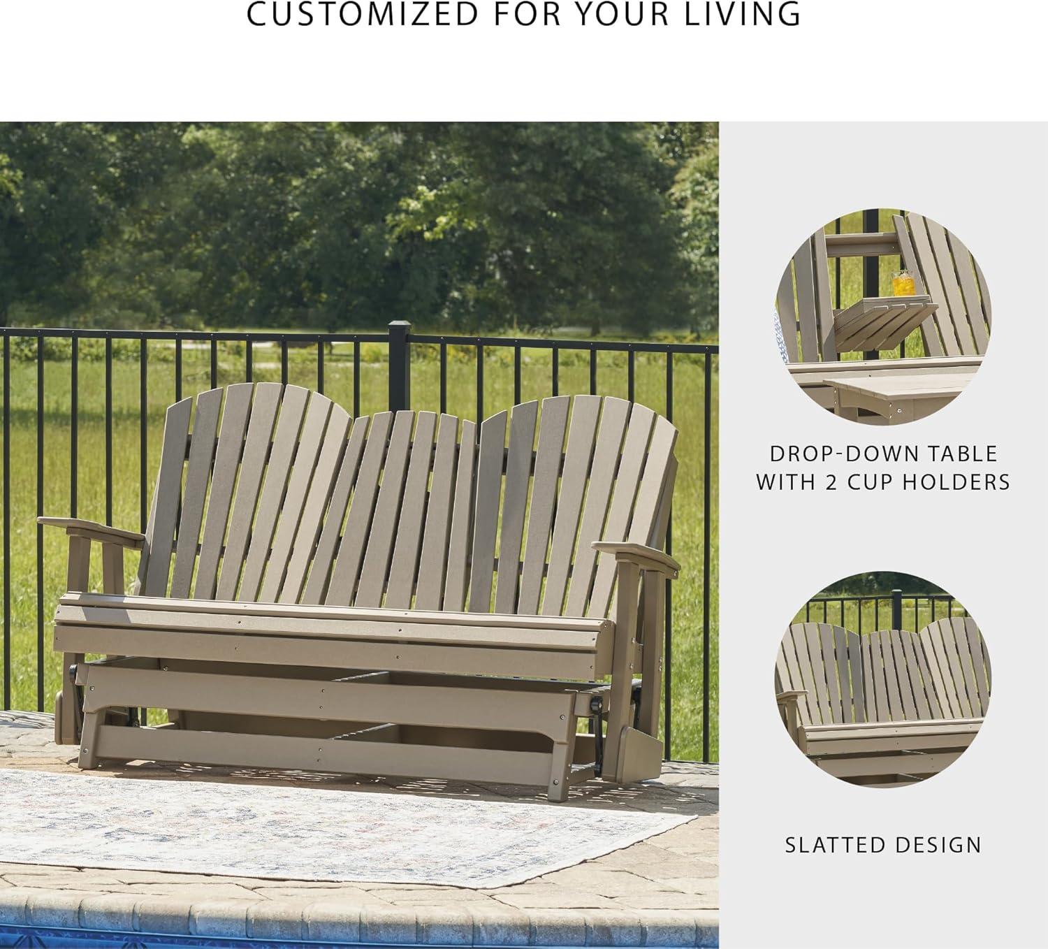 imageSignature Design by Ashley Hyland Wave Modern Weather Resistant HDPE Outdoor Glider Loveseat with Drop Down Table and 2 Cup Holders WhiteBrown