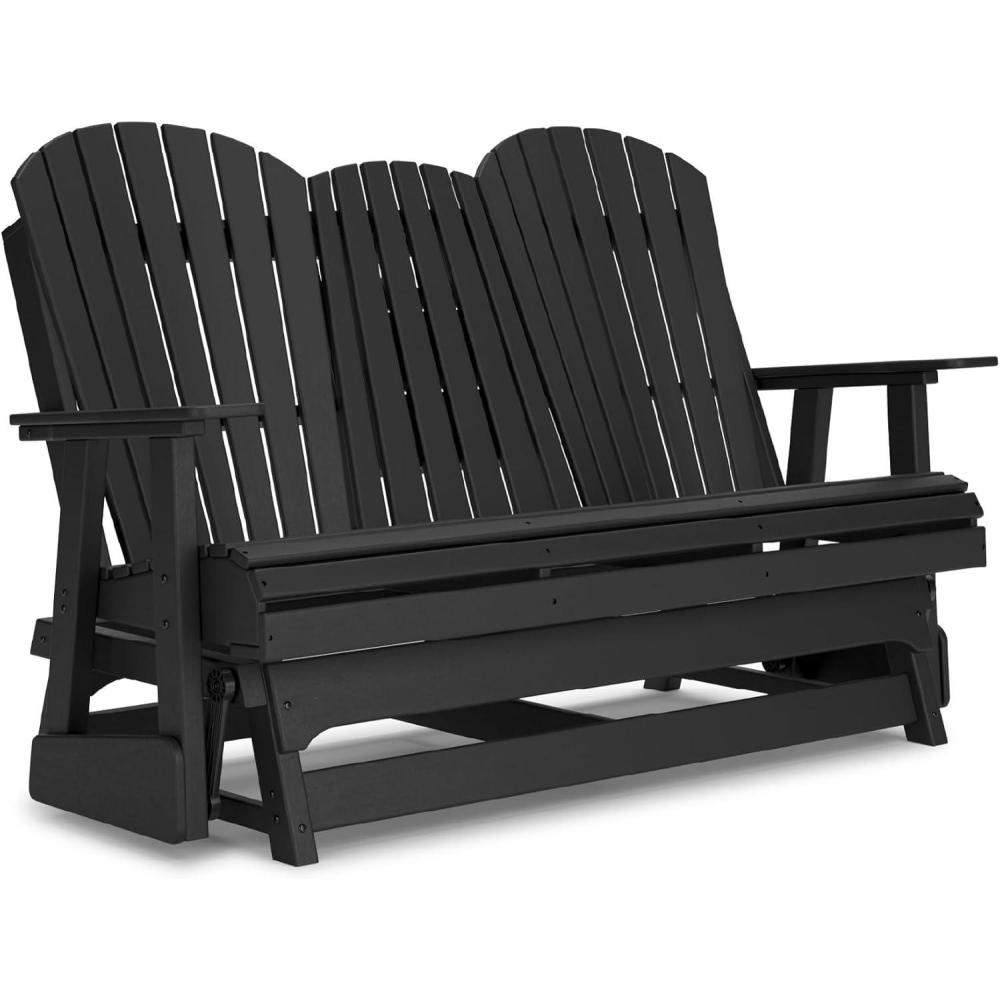 imageSignature Design by Ashley Hyland Wave Modern Weather Resistant HDPE Outdoor Glider Loveseat with Drop Down Table and 2 Cup Holders WhiteBlack