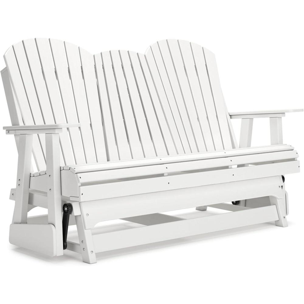 imageSignature Design by Ashley Hyland Wave Modern Weather Resistant HDPE Outdoor Glider Loveseat with Drop Down Table and 2 Cup Holders WhiteWhite