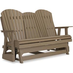 Signature Design by Ashley Hyland Wave Modern Weather Resistant HDPE Outdoor Glider Loveseat with Drop Down Table and 2 Cup Holders, White(Brown)