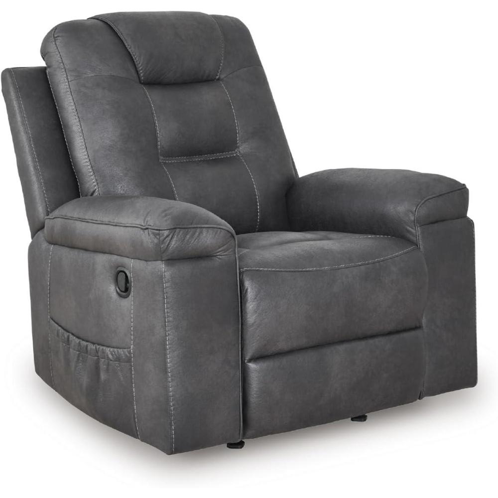 imageSignature Design by Ashley Windstade Contemporary Faux Leather Manual Rocker Recliner with Side Pocket Heat and Massage Lumbar Heat with 3 Levels Auto Shut Off After 20 Minutes GrayGranite