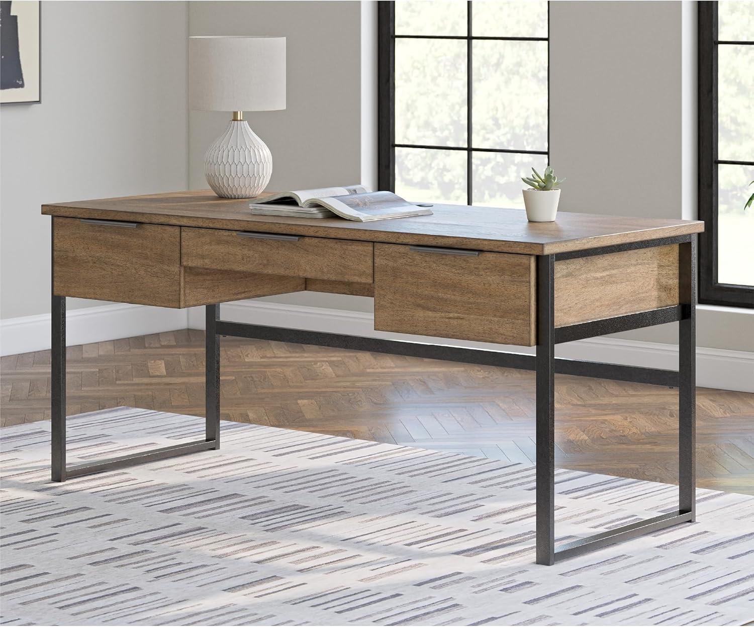 imageSignature Design by Ashley Montia Contemporary 67 Home Office Desk with Drawers and Cord Management Light Brown amp Black