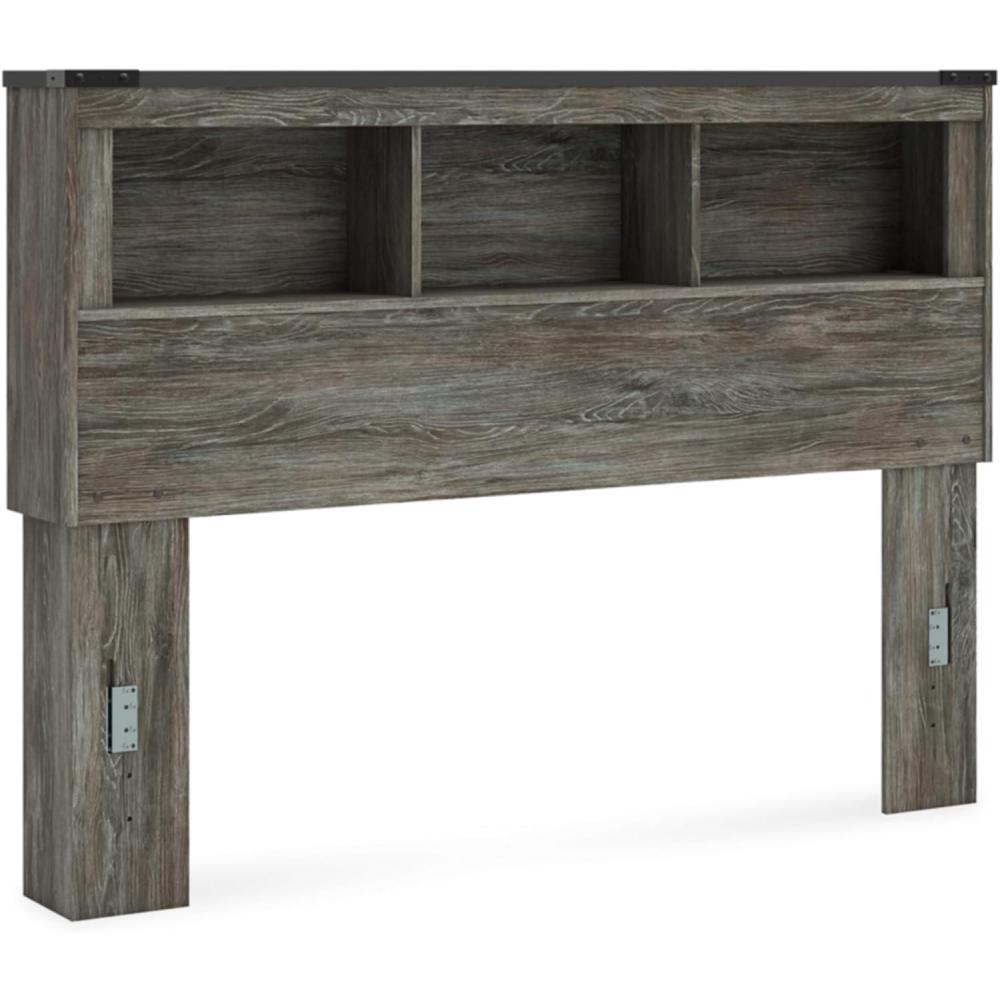 imageSignature Design by Ashley Frandern Rustic Oak Finished Bookcase Headboard with Nailhead Accents Queen Gray