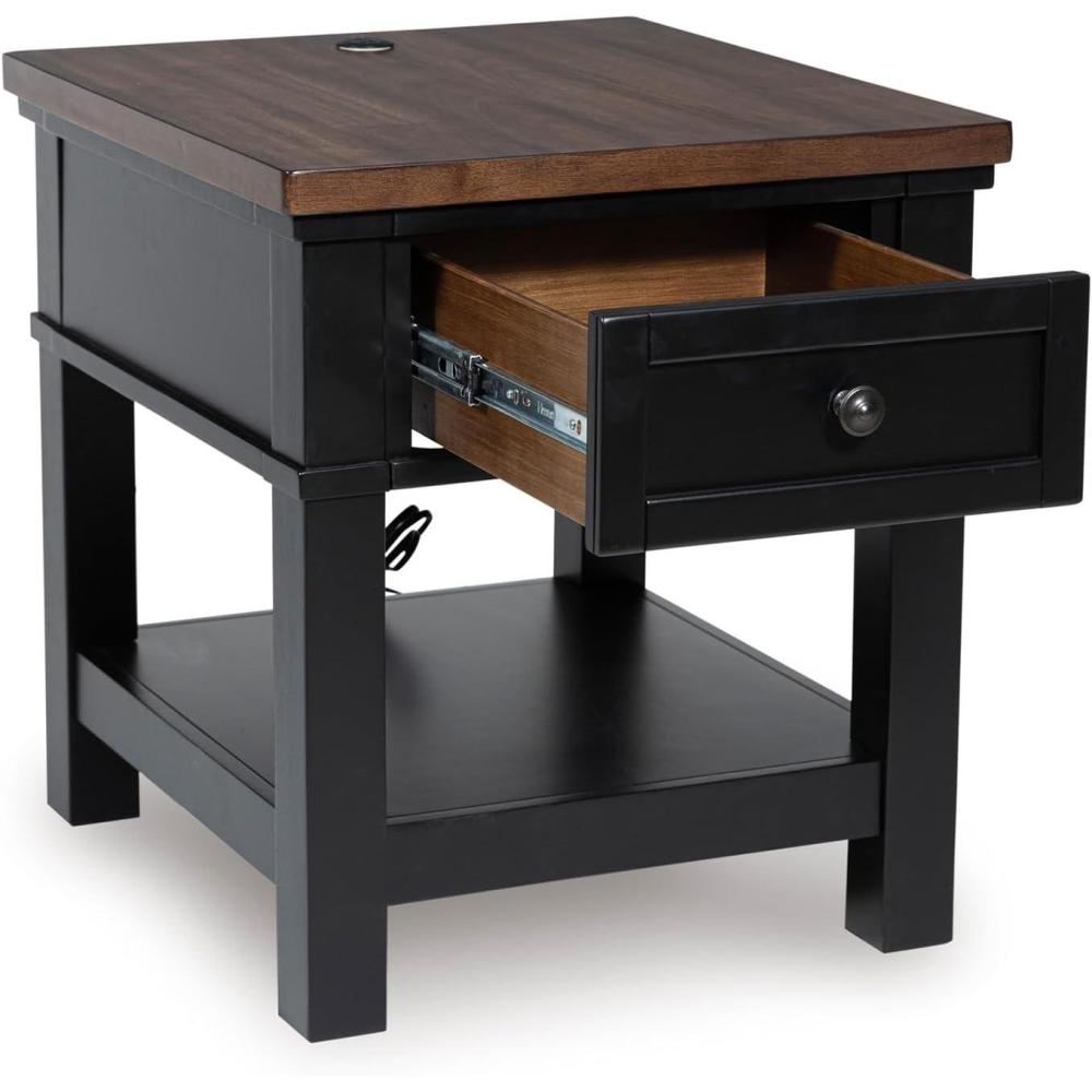 imageSignature Design by Ashley Wildenauer Casual Rectangular End Table with Lower Shelf and USB Charging Storage Drawer Wood 2413 High Light Brown amp BlackBrownBlack